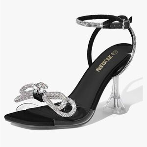 New ZURIN Women's Rhinestone Bow Heels Square Toe Clear Heeled Sandals Slingback